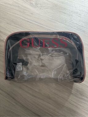 Guess Clear Cosmetic Pouch with Pink Trim and Red Logo
